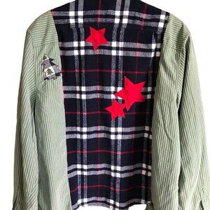 Upcycled Patchwork Button-Down Shirt, Size M-L: Boho Mixed Print Top with Fringe